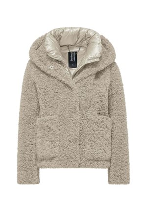 Giacca beige in fleece teddy con grandi tasche frontali e colletto e cappuccio imbottiti lucidi, etichetta della taglia visibile all'interno.
