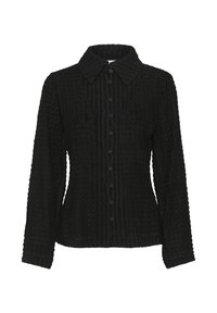 Black long-sleeve shirt with a textured pattern, collared neckline, and front button closure. Features a fitted shape with ribbed details.