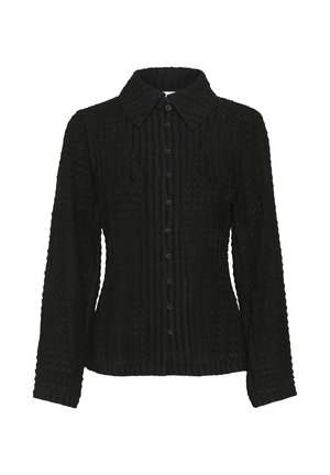Schwarzes Langarmhemd mit strukturiertem Muster, mit Kragen und vorderer Knopfleiste. Verfügt über eine taillierte Form mit Rippendetails.