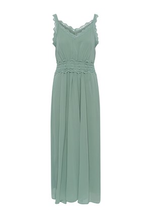 Zielona maxi sukienka bez rękawów z koronkową lamówką na ramiączkach, dekolcie i talii, z marszczonym, płynącym dołem.