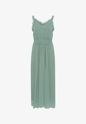 Grønn ermeløs maxikjole med blonder langs stropper, utringning og midje, med en sirkulert, flytende skjørt.