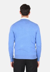 Maglione azzurro chiaro realizzato in materiale a maglia fine, caratterizzato da maniche lunghe, polsini a coste e scollatura rotonda. Texture liscia e forma aderente.