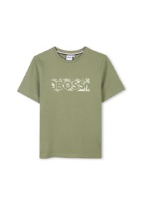 Olijfgroen katoenen t-shirt met een ronde hals. Voorzien van een witte "BOSS" logo omringd door een tropisch bladpatroon. Korte mouwen.