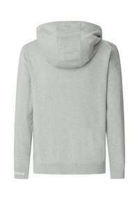 Felpa con cappuccio grigia dalla texture morbida, con cappuccio posteriore, orlo e polsini a coste e dettaglio logo sulla manica sinistra.