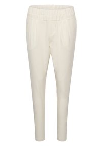 Cremefarvet bukser med en glat tekstur, elastisk talje og to sidelommer. Tapered ben design med en afslappet pasform.