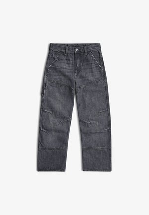 Pantalon de travail en denim gris foncé avec coutures renforcées, poches avant, passants de ceinture et coupe décontractée.