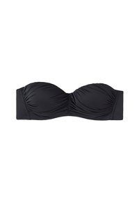 Zwarte bandeau bikini top gemaakt van gladde stof met geplooide details en een ondersteunend ontwerp. Heeft een naadloze afwerking en een brede band.