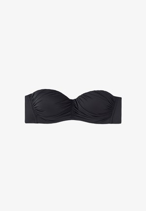 Schwarzer Bandeau-Bikini-Oberteil aus glattem Stoff mit gerafften Details und einem unterstützenden Design. Verfügt über eine nahtlose Verarbeitung und ein breites Band.