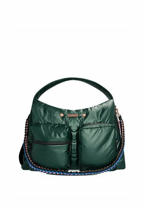 Sac d'épaule en nylon vert foncé avec deux poches avant zippées et une bandoulière tressée multicolore sur fond blanc.