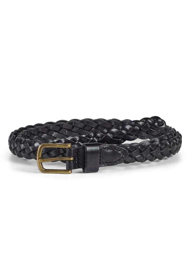 Black braided leather belt with a brass buckle, featuring a textured pattern and smooth edges. Length is adjustable for various sizes.