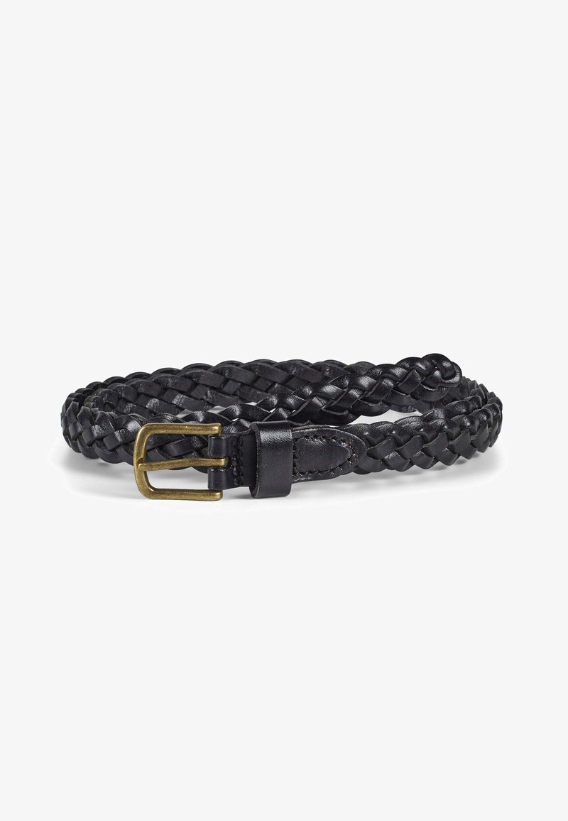 Black braided leather belt with a brass buckle, featuring a textured pattern and smooth edges. Length is adjustable for various sizes.