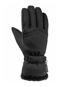 Schwarze isolierte Handschuhe aus weichem, wasserabweisendem Material mit einer strukturierten Handfläche, Bündchen und einem Kunstfellfutter für Wärme.