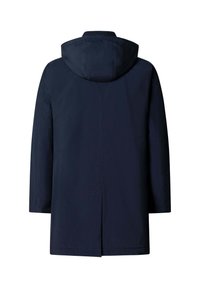 Marineblauer wasserdichter Mantel mit Kapuze, geradem Schnitt, langen Ärmeln und minimalistischem Design. Glatte Textur und keine sichtbaren Beschläge.