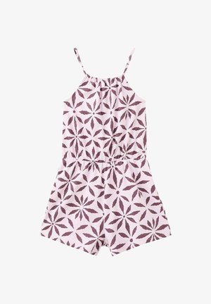 Ärmelloser rosa Overall mit dünnen Trägern und elastischem Bund, gemustert mit kastanienbraunen Sternblumen-Designs.