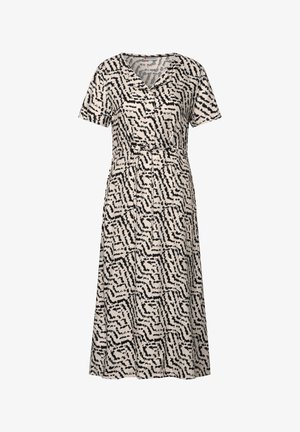 Sukienka w graficzny wzór w beżowym kolorze z czarnym abstrakcyjnym motywem, krótki rękawek, dekolt w serek oraz pasek w talii, wykonana z miękkiego materiału.