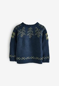 Dunkelblaues gestricktes Sweatshirt mit gelb-grünen geometrischen Mustern, geripptem Kragen und Bündchen sowie einem dekorativen Saumdetail.