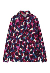 Camicia a maniche lunghe con colletto, caratterizzata da un motivo astratto multicolore in rosso, rosa, blu e crema su uno sfondo scuro.