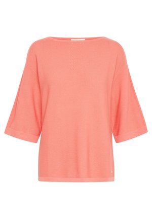 Korallivärvi lühikeste varrukatega kudum, vabalt langev lõige, lai kaelus ja delikaatsed tekstuuraktsendid õlgade lähedal. Sile kuma.