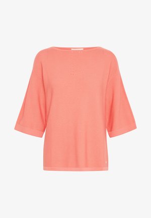 Sarkana īsām piedurknēm adīta virsma, brīvs piegriezums ar plašu izgriezumu un vieglām strukturālām akcentiem pie pleciem. Gluda auduma apdare.