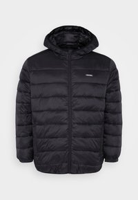 Black padded jacket with a hood, featuring a front zip, side pockets, and a smooth, shiny fabric texture. Notable quilted design.