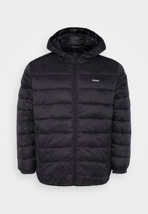 Black padded jacket with a hood, featuring a front zip, side pockets, and a smooth, shiny fabric texture. Notable quilted design.