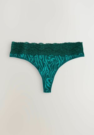 Teal string ondergoed met een kanten tailleband, versierd met een zebrapatroon in donkerder teal. Zachte, rekbare stof met een decoratieve textuur.