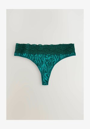 Teal string ondergoed met een kanten tailleband, versierd met een zebrapatroon in donkerder teal. Zachte, rekbare stof met een decoratieve textuur.
