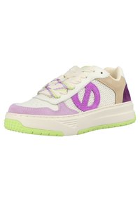 Sneaker with a white mesh upper, purple suede accents, green rubber sole, and patterned lavender laces. Features a large purple logo on the side.
