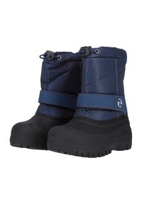 Marineblaue Winterstiefel mit gepolstertem Obermaterial, gummierter Sohle, verstellbarem Zugband und einem Klettverschluss für einen sicheren Sitz und Isolierung.