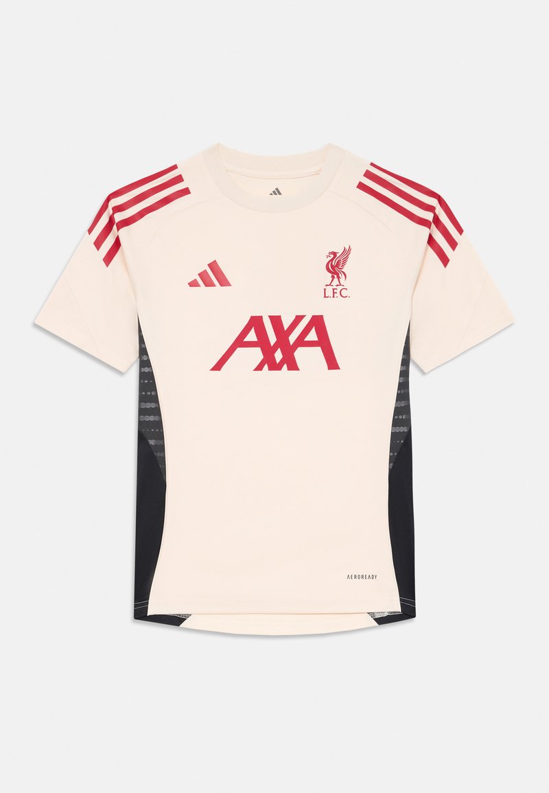 Vit fotbollströja med röda detaljer, som har svarta sidopaneler, röda Adidas-ränder på axlarna och Liverpool FC-logotypen på framsidan.