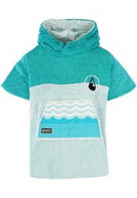 Turkos handdukstyg poncho med huva. Har en ficka med vit vågmönster, solid överdel och logotyplapp längst ner. Mjuk textur över hela.