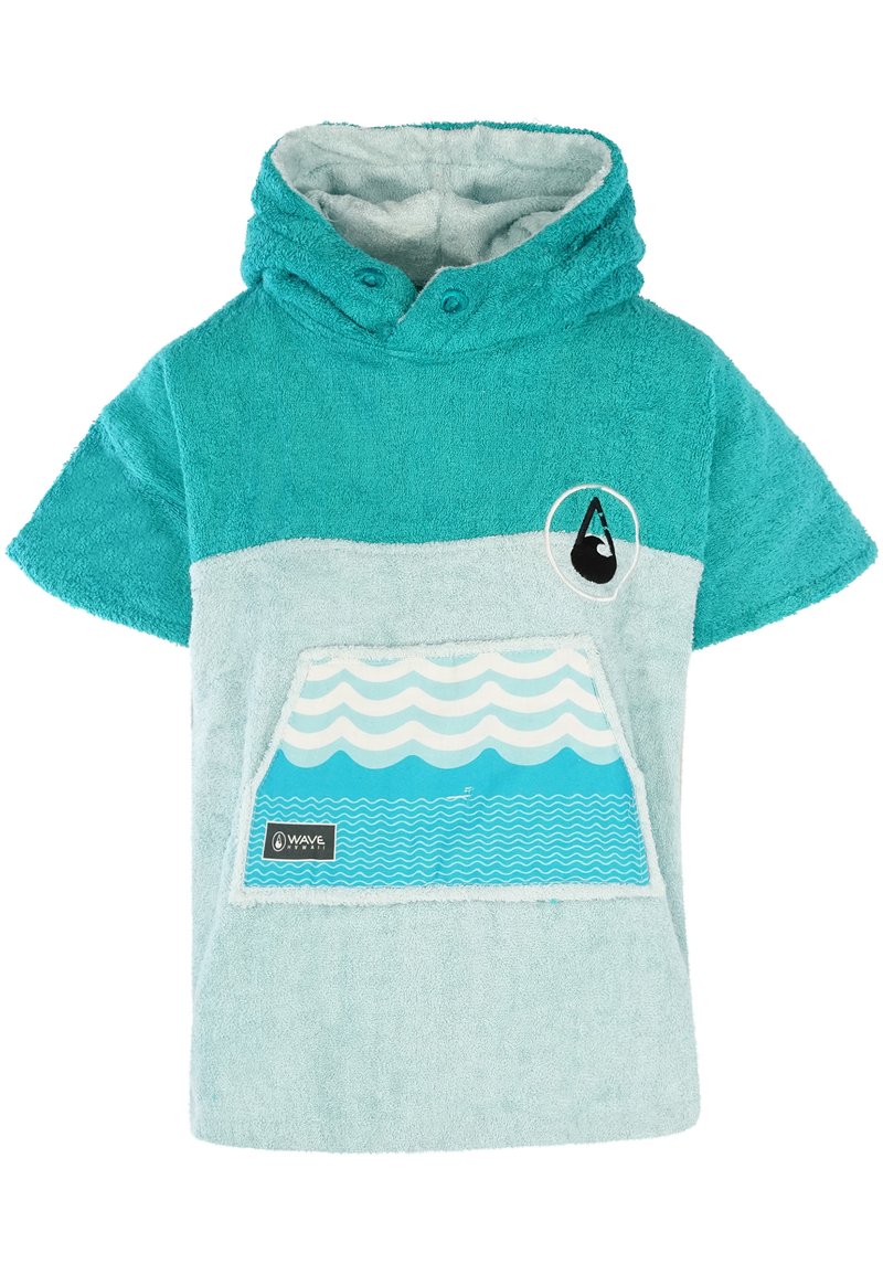 Turkos handdukstyg poncho med huva. Har en ficka med vit vågmönster, solid överdel och logotyplapp längst ner. Mjuk textur över hela.