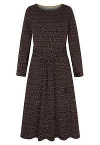 Robe à manches longues en tissu marron foncé avec un motif floral aux accents blancs, verts et rouges ; taille élastique et ourlet arrondi.