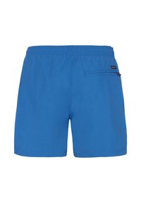 Blauwe heren zwemshorts met elastische tailleband en achterzak met rits aan de rechterkant, gezien van achteren.