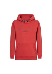 Röd huvtröja med dragsko, framficka och tryckt text "INDIAN BLUE" i grått. Slät textur och ribbade mudd.