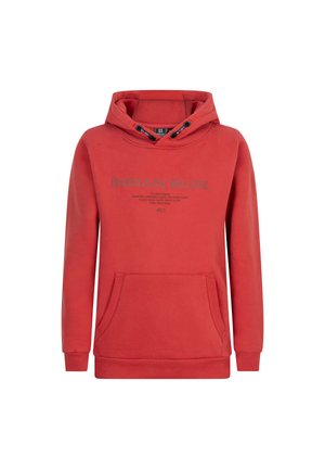 Rote Kapuzenjacke mit einer Kordelzugkapuze, Vordertasche und bedrucktem Text "INDIAN BLUE" in Grau. Glatte Textur und gerippte Bündchen.