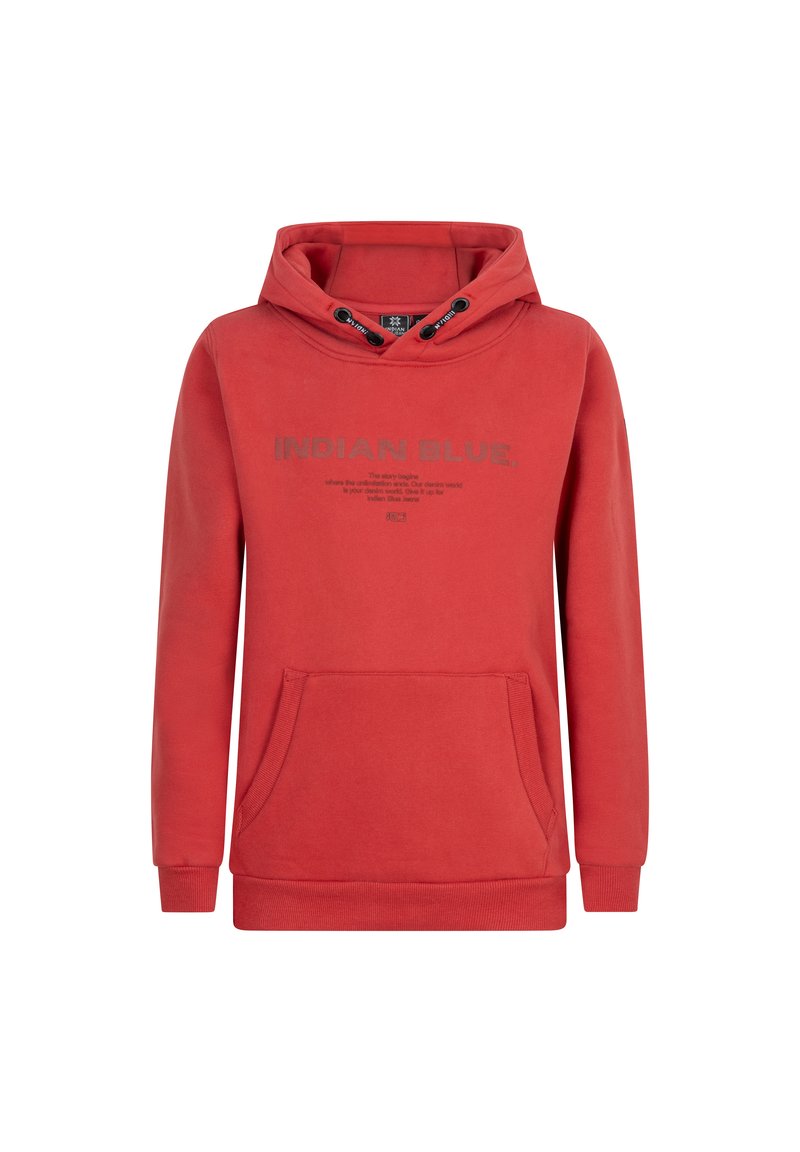 Röd huvtröja med dragsko, framficka och tryckt text "INDIAN BLUE" i grått. Slät textur och ribbade mudd.