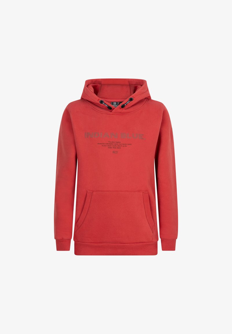 Röd huvtröja med dragsko, framficka och tryckt text "INDIAN BLUE" i grått. Slät textur och ribbade mudd.