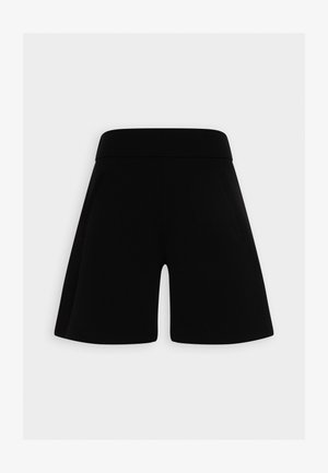 Czarne szorty z wysokim stanem wykonane z gładkiej, elastycznej tkaniny. Charakteryzują się luźnym krojem i bocznymi kieszeniami. Prosty design bez widocznych wzorów czy akcentów.