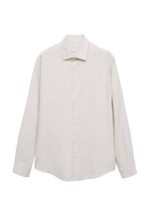 Light beige long-sleeve shirt made of linen; features a pointed collar, button-down front, and a relaxed fit with a curved hem.