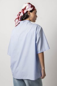 Lichtblauw, kortekorte mouwen shirt met een zachte, gladde textuur en subtiel streepjespatroon. Achteraanzicht toont een staande kraag en een ontspannen pasvorm.
