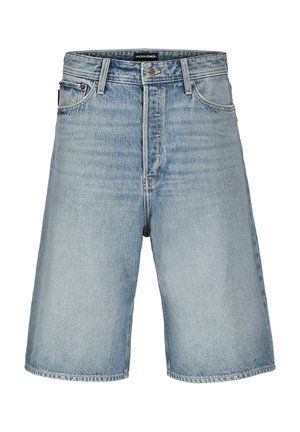 Hele sinised teksapüksid põlvepikkusega, esitaskutega, vööaasadega, nööpidega kinnitatavad ja Jack & Jonesi sildiga vöökohal.