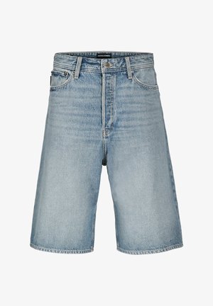 Hele sinised teksapüksid põlvepikkusega, esitaskutega, vööaasadega, nööpidega kinnitatavad ja Jack & Jonesi sildiga vöökohal.