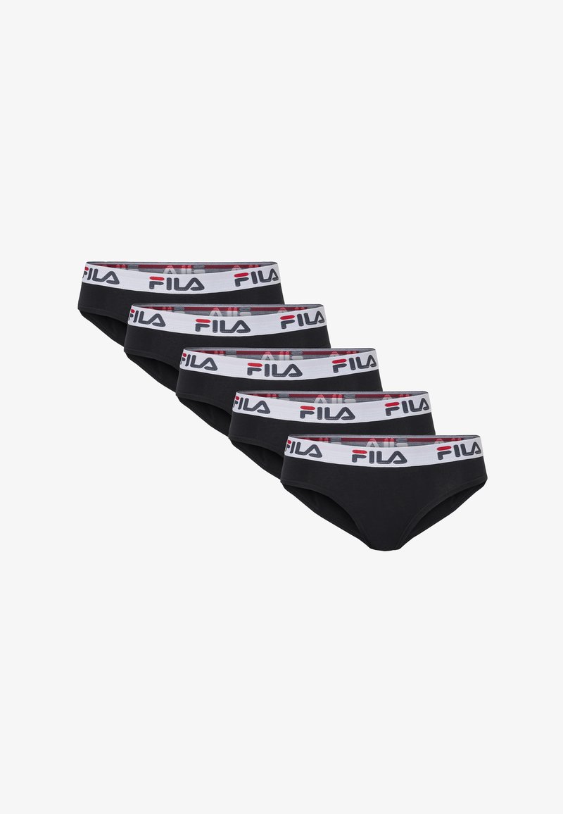 Cinq slips noirs Fila avec une ceinture élastique blanche présentant le logo Fila rouge et noir, disposés en rangée décalée sur fond blanc.