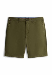 Pantalones cortos de color verde oliva, hechos de un tejido texturizado con corte recto. Cuentan con un cierre de botón en la parte delantera y bolsillos laterales.