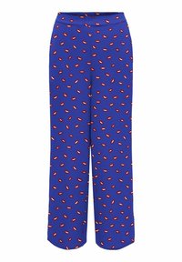 Pantalones de pierna ancha de tela azul, con un patrón de impresión de labios rojos. La cintura es elástica, ofreciendo un ajuste cómodo.