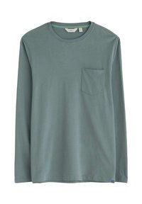 Långärmad skjorta i dämpad teal-färgad bomull, med rund halsringning, en bröstficka och en rak fåll med en liten logotyp-tag i botten.