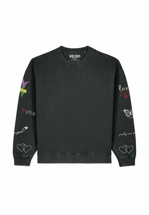 Schwarzer Sweatshirt mit rundem Halsausschnitt, langen Ärmeln und verschiedenen bunten gestickten Akzenten, einschließlich Blumen, Herzen und Text.