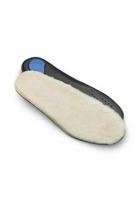Semelle orthopédique noire avec une surface supérieure en molleton blanc doux et un accent bleu au talon. Conception durable avec des trous de ventilation le long du bord.