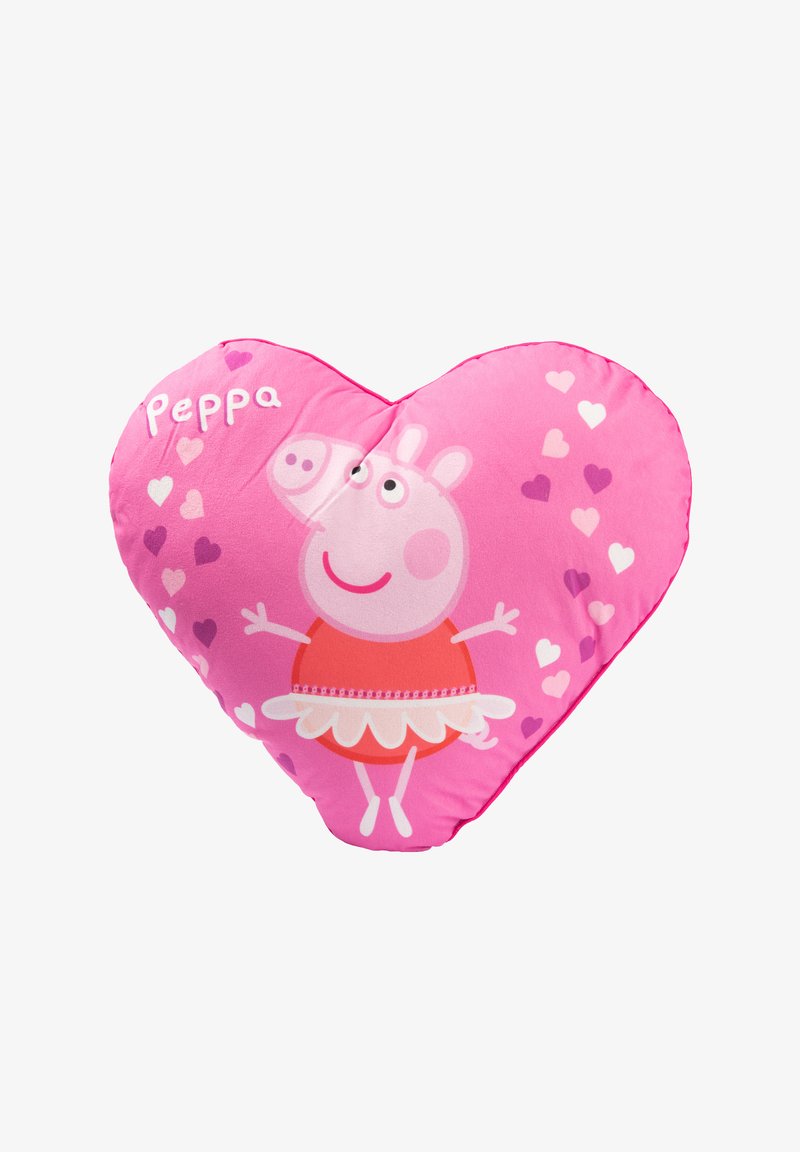 Pink heart-shaped pillow featuring a cartoon pig in a red dress with a tutu, surrounded by small hearts in varying shades of pink and purple.